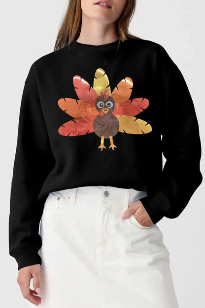 Black sweatshirt with turkey graphic, round neck, long sleeves