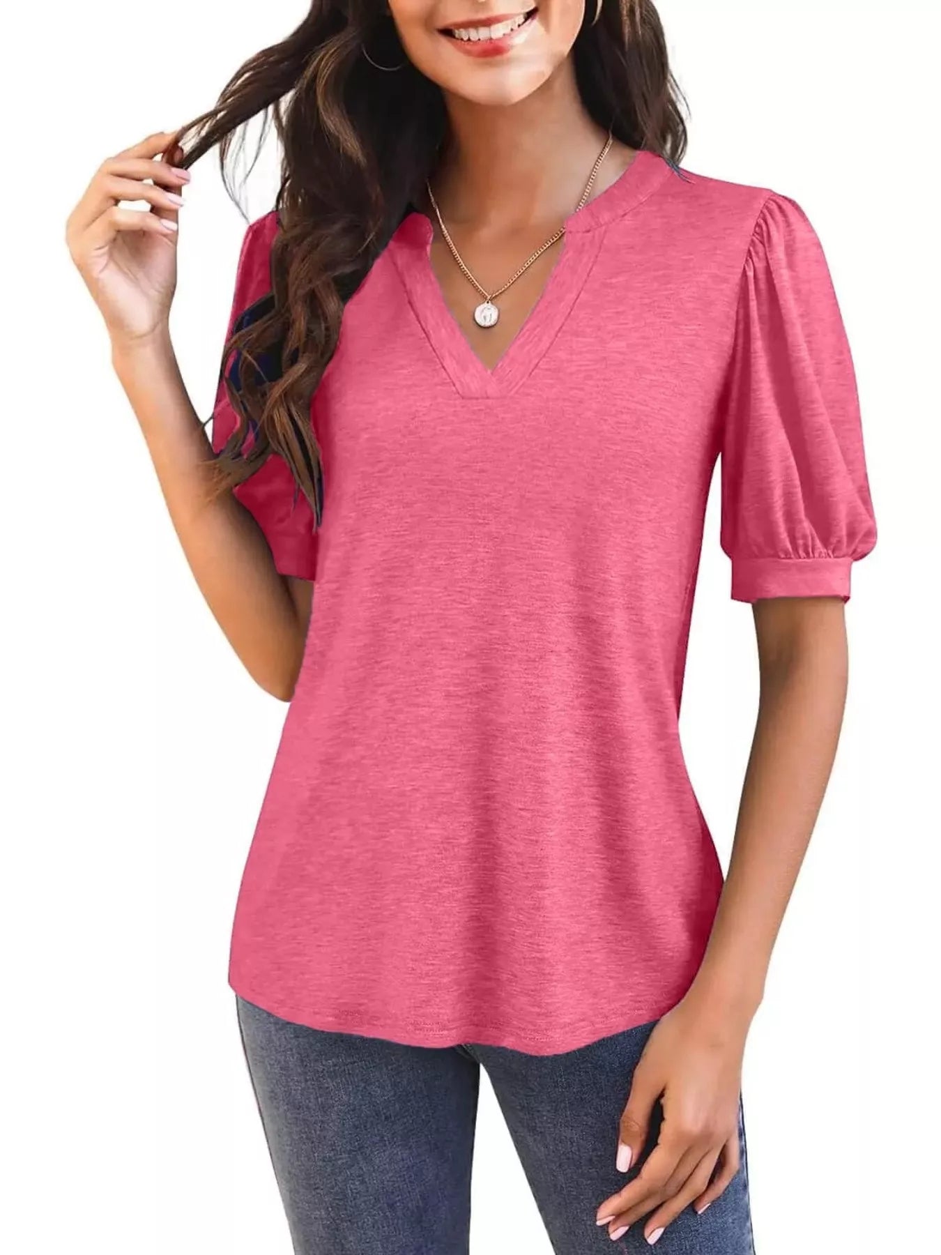 Puff Sleeve Notched Casual T-Shirt