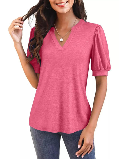 Puff Sleeve Notched Casual T-Shirt