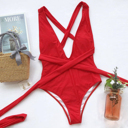 Red swimsuit with crisscross ties