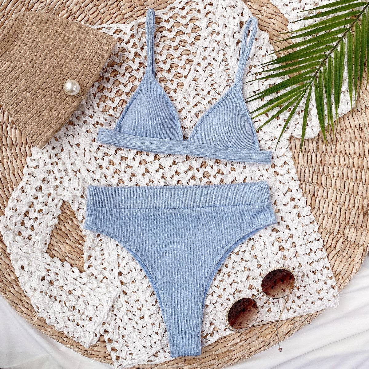 Light blue ribbed bikini set with crochet backdrop