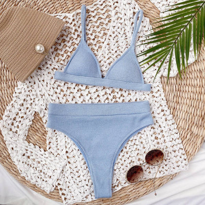 Light blue ribbed bikini set with crochet backdrop