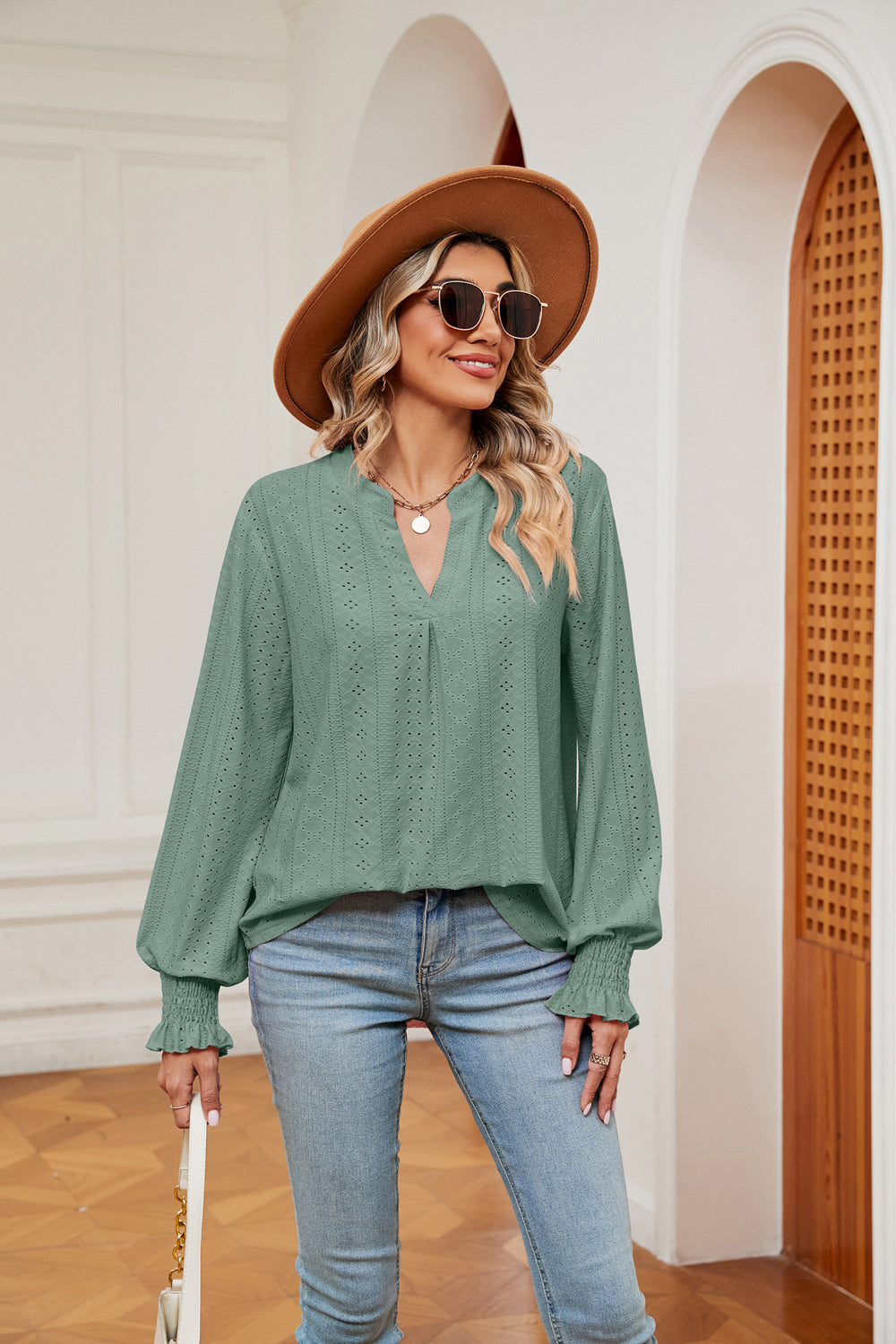 Notched Neck Flounce Sleeve Blouse