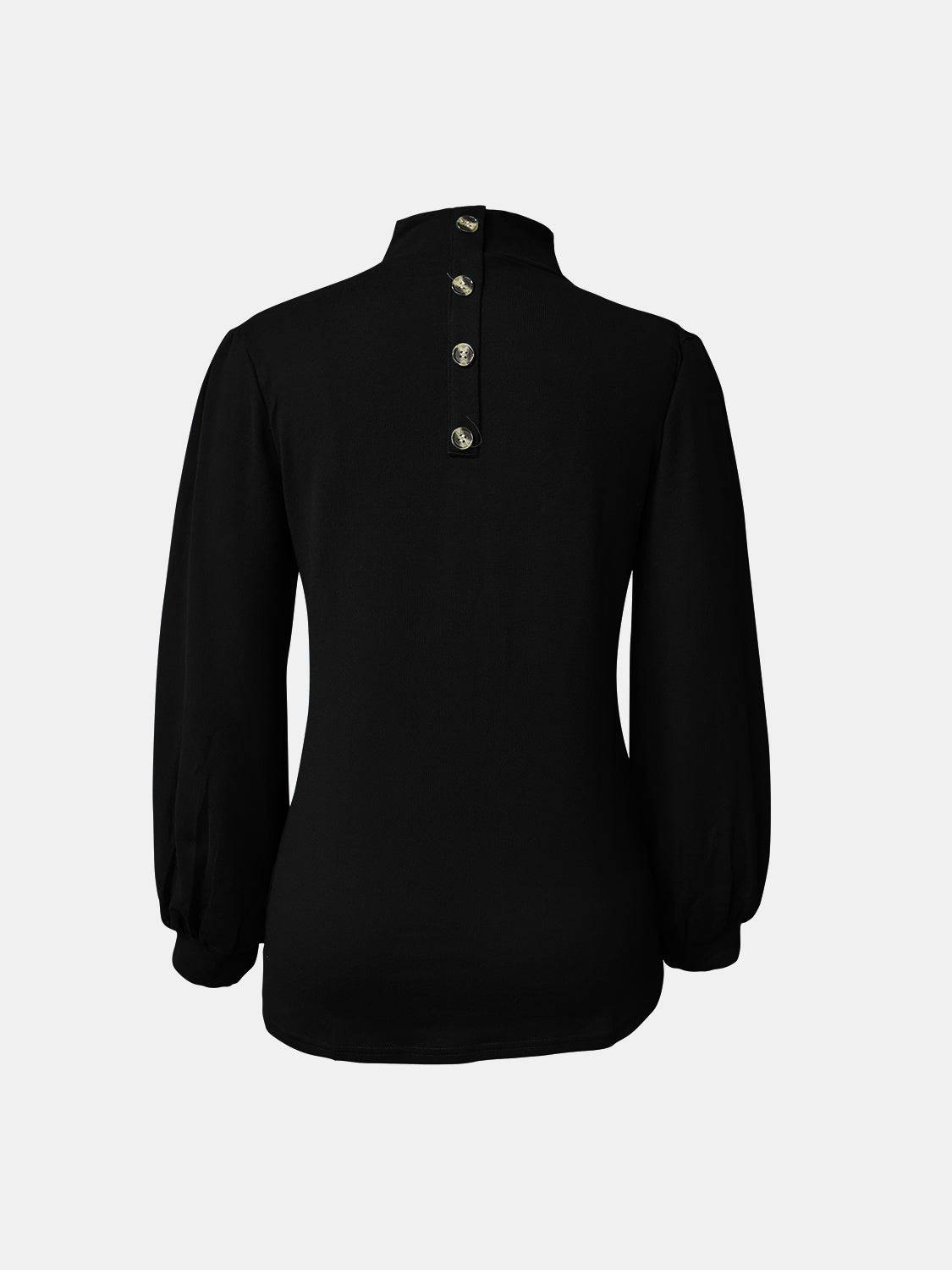 Black full size mock neck long sleeve t-shirt, back view