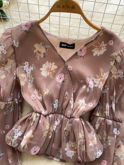 Floral Print Chiffon Balloon Sleeve Blouse