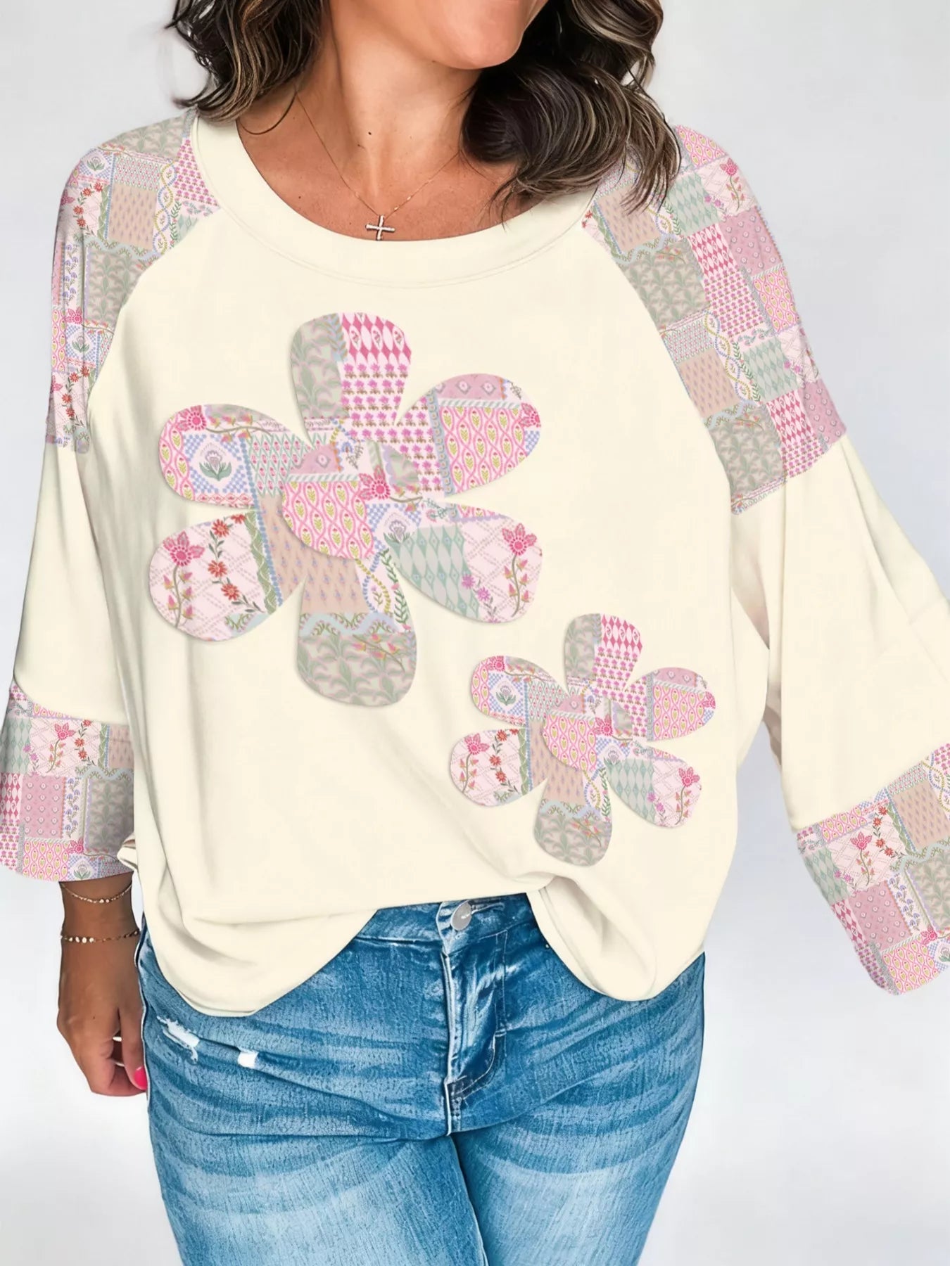 Color Block Retro Floral Patchwork Long Sleeve Top