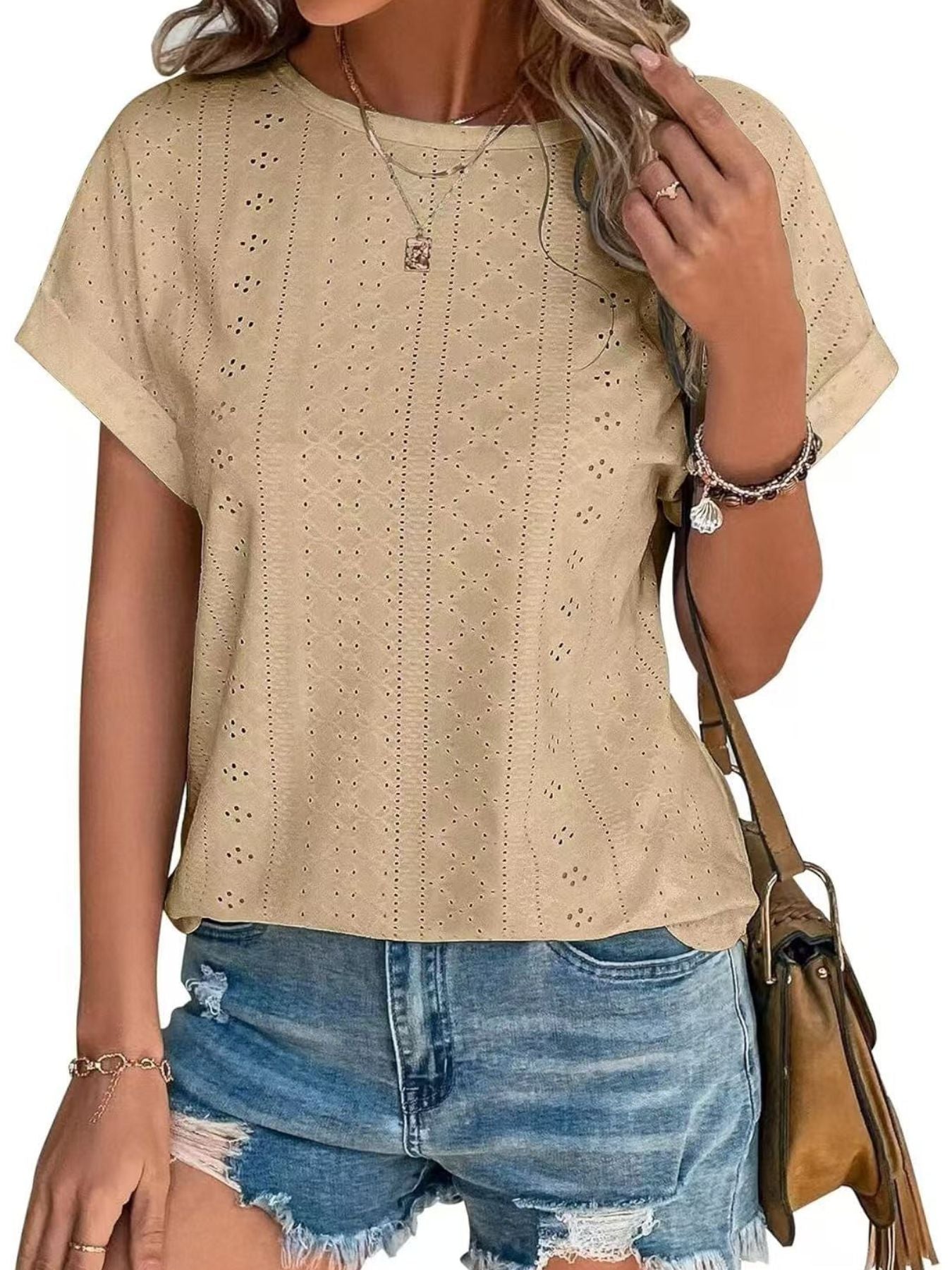 Eyelet Round Neck Short Sleeve Top
