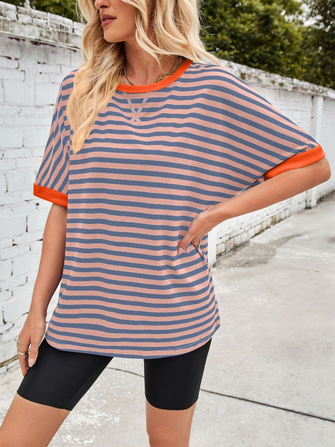 Lovelet Striped Round Neck Half Sleeve T-Shirt