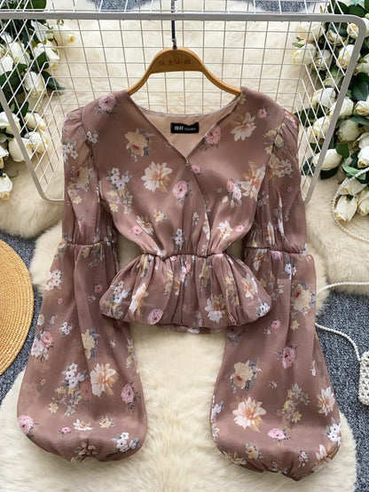 Floral Print Chiffon Balloon Sleeve Blouse