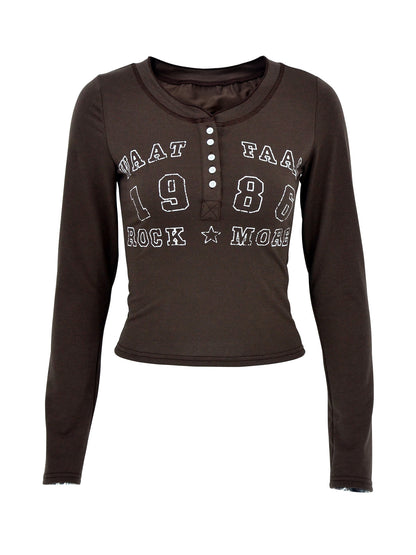 Letter Graphic Button Detail Long Sleeve T-Shirt