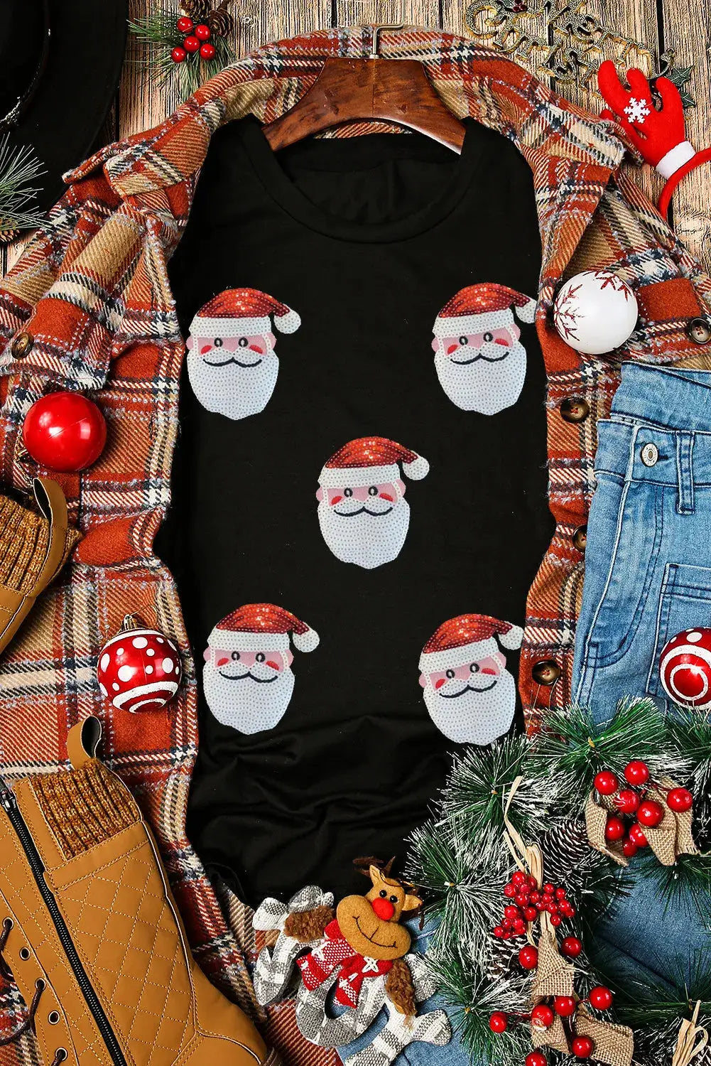 Black sequin Santa T-shirt styled with plaid shirt