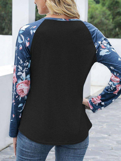 Black floral long sleeve T-shirt, back view