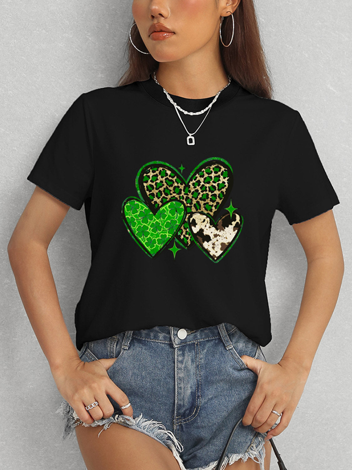 Heart Round Neck Short Sleeve T-Shirt