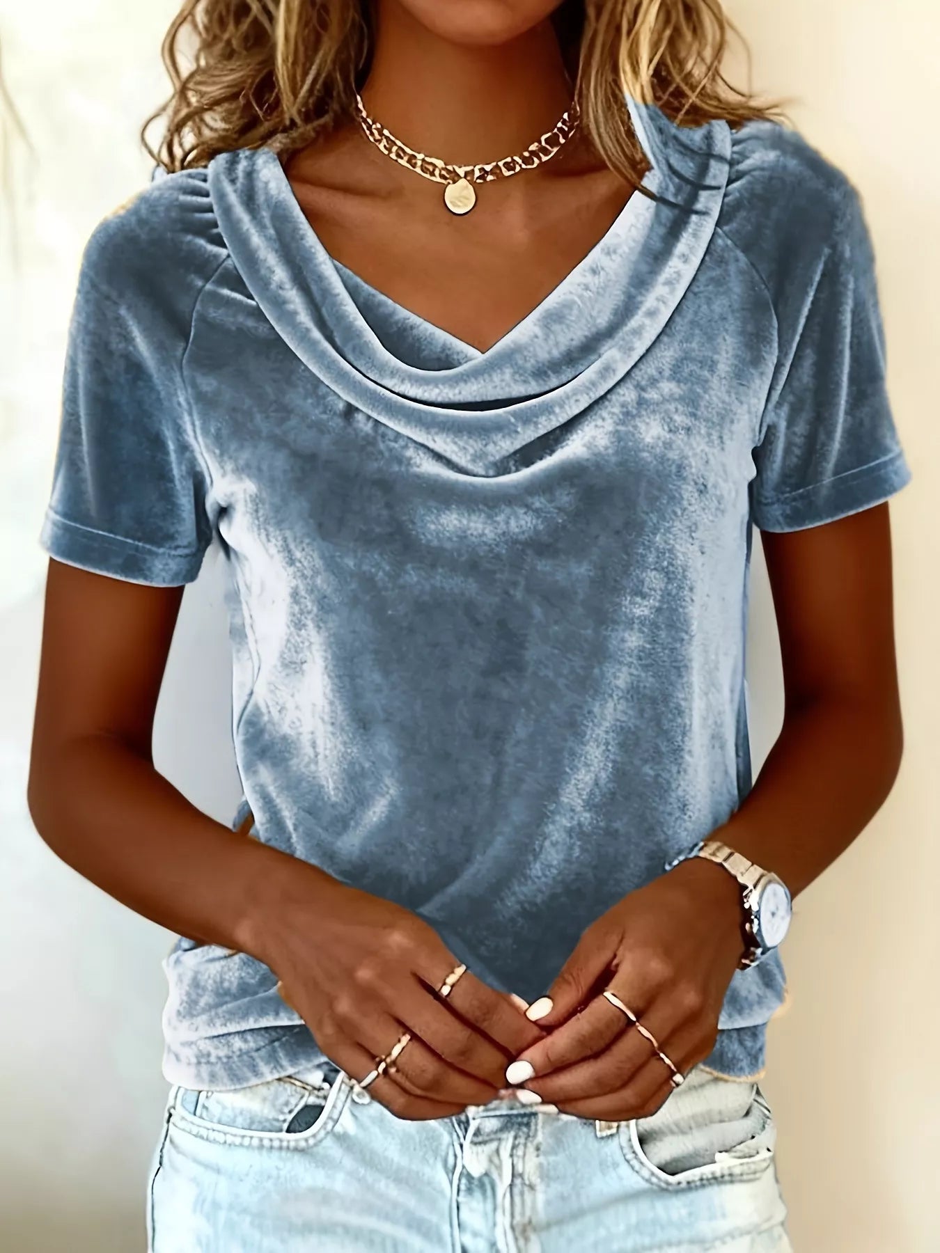 Velvet Cowl Neck Short Sleeve Top