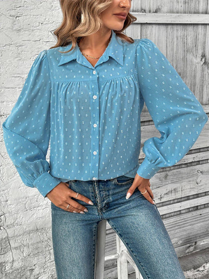 Blue Swiss dot collared long sleeve shirt, side view