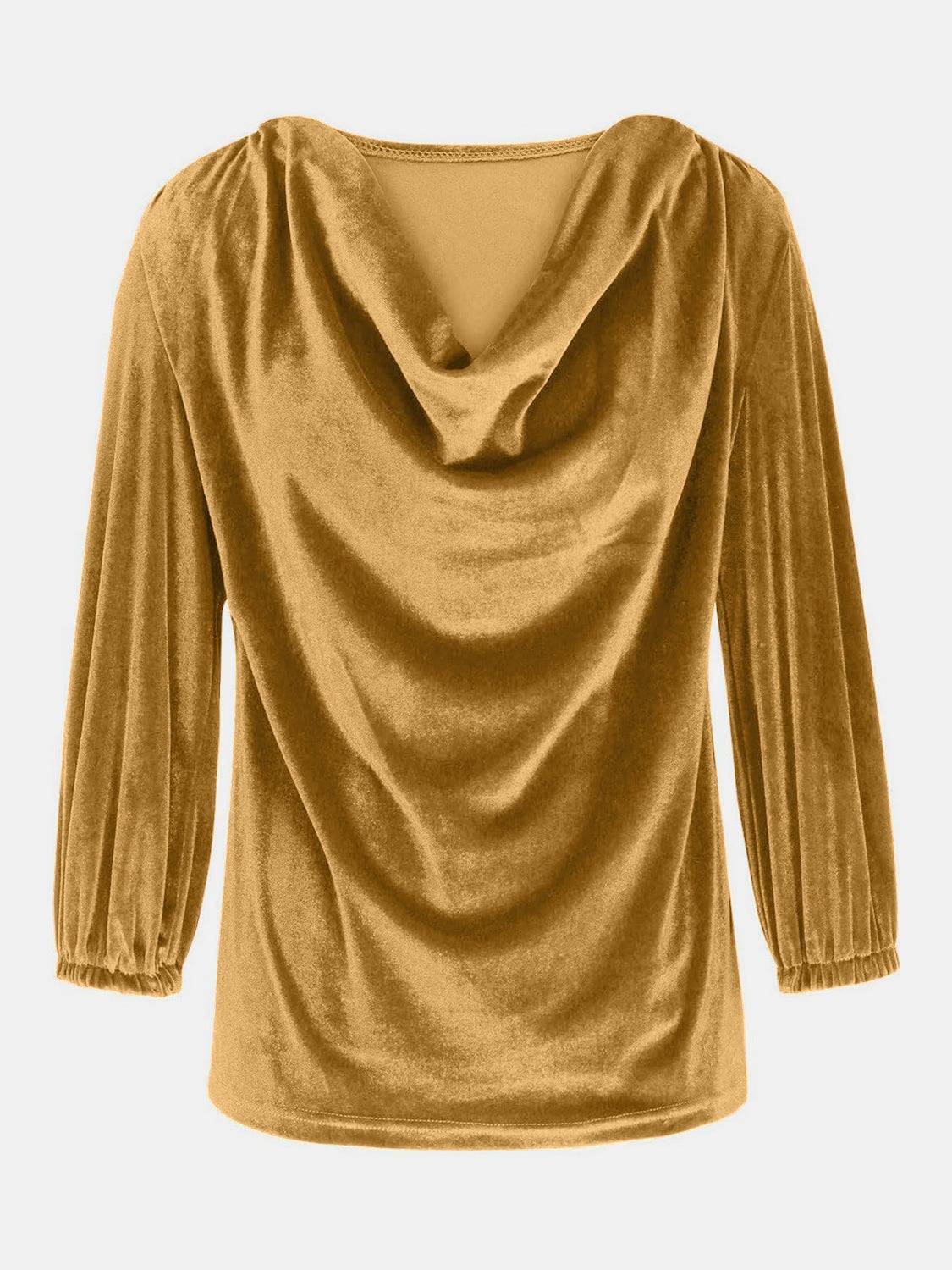 Back view of gold cowl neck top