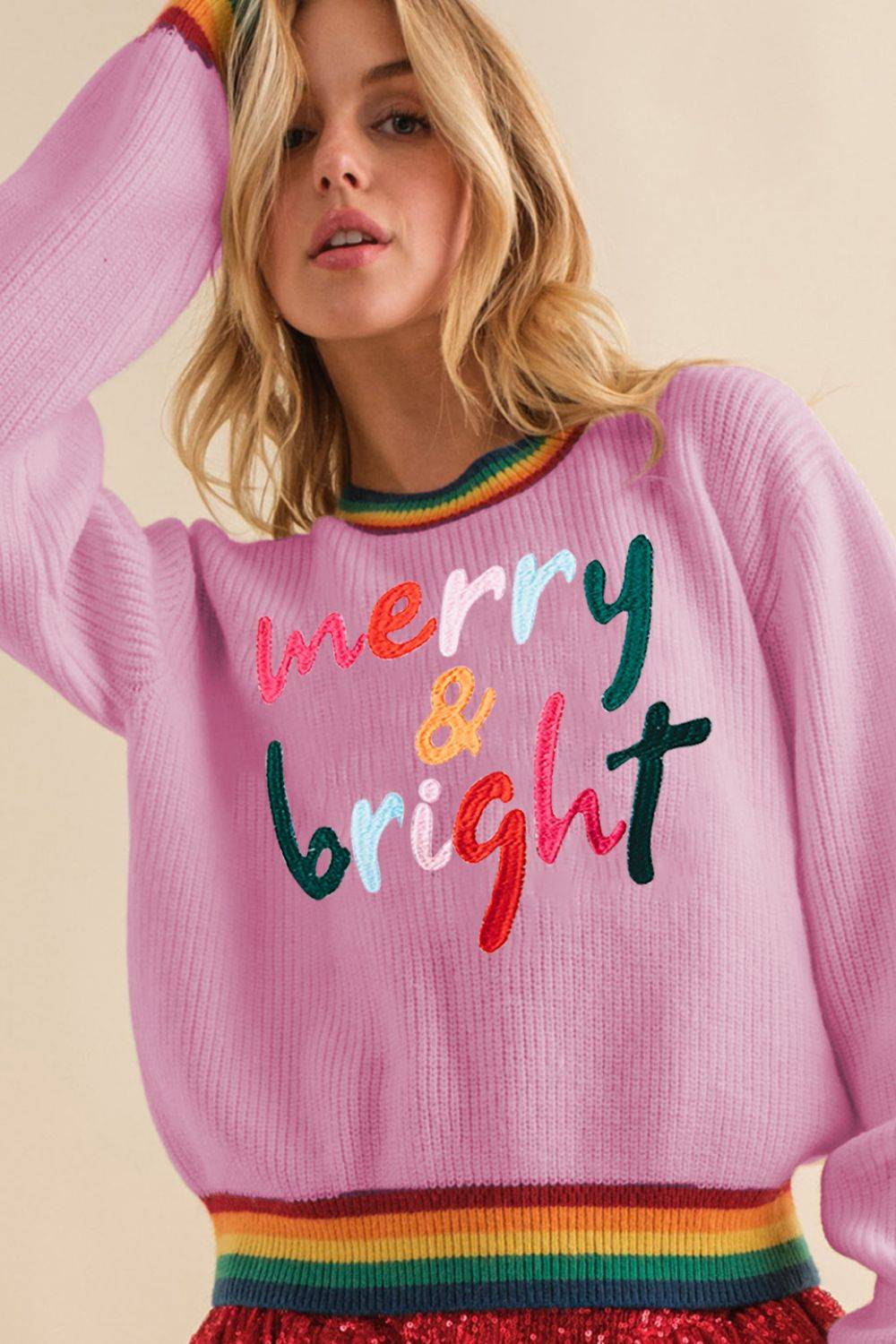 Pink sweater with colorful &