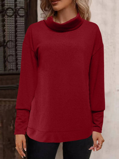 Red full size mock neck long sleeve t-shirt, front view