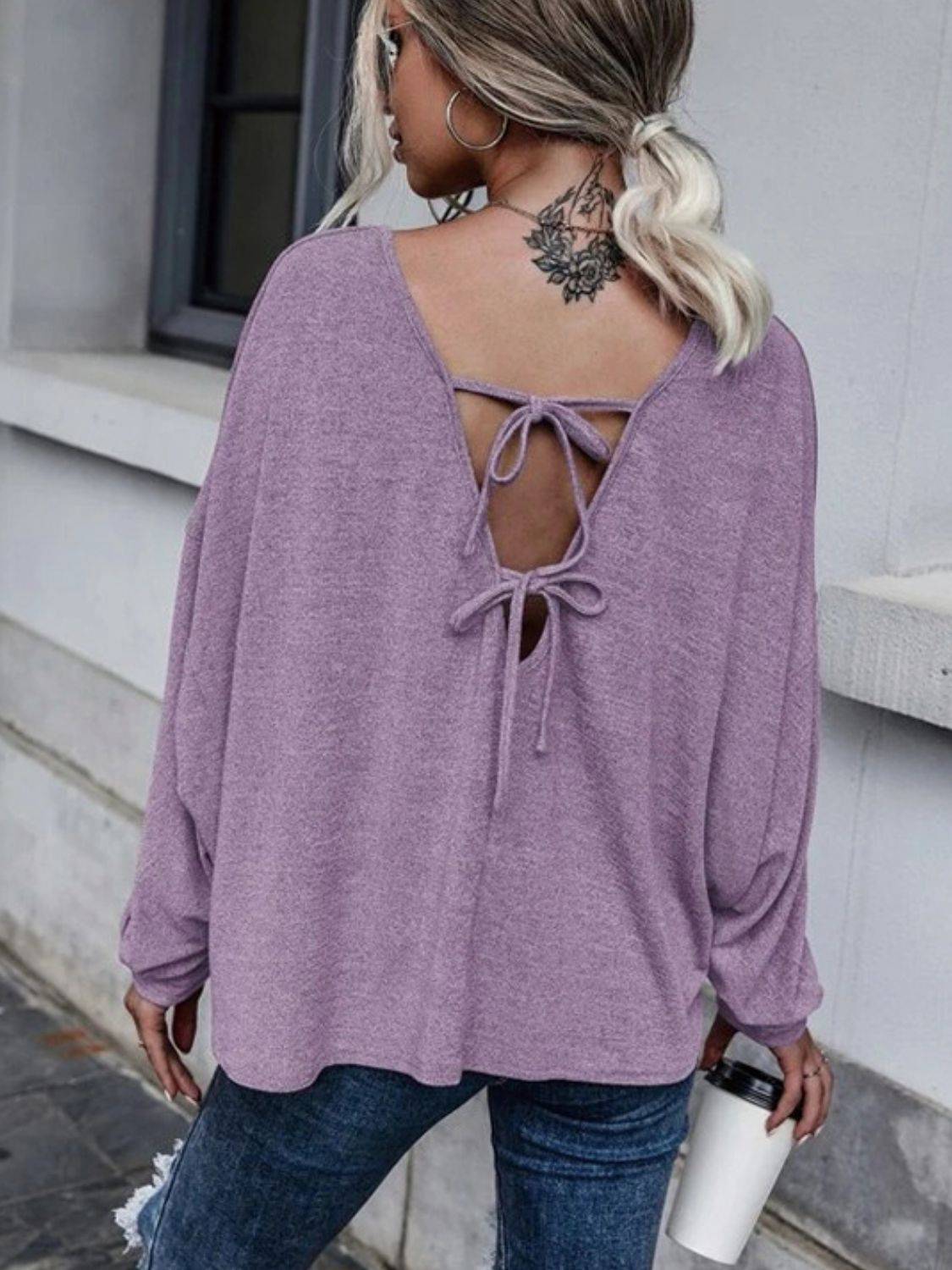 Purple drop shoulder long sleeve T-shirt, back tie detail