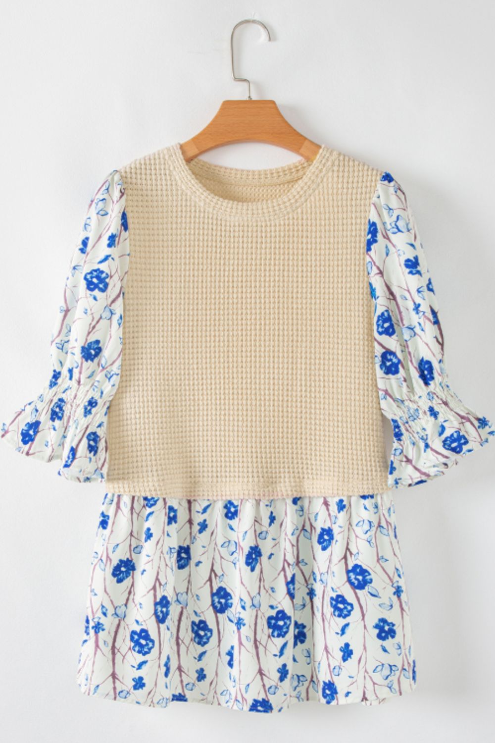 Waffle-Knit Printed Round Neck Flounce Sleeve Blouse