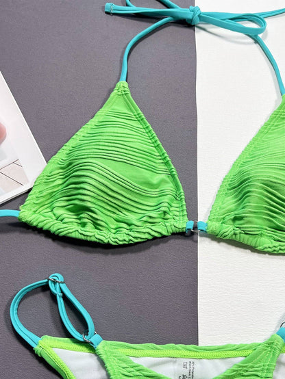 Close-up of green ribbed bikini top details