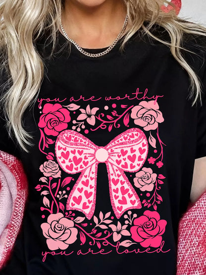 Valentines Day Slogan Floral and Bow T Shirt