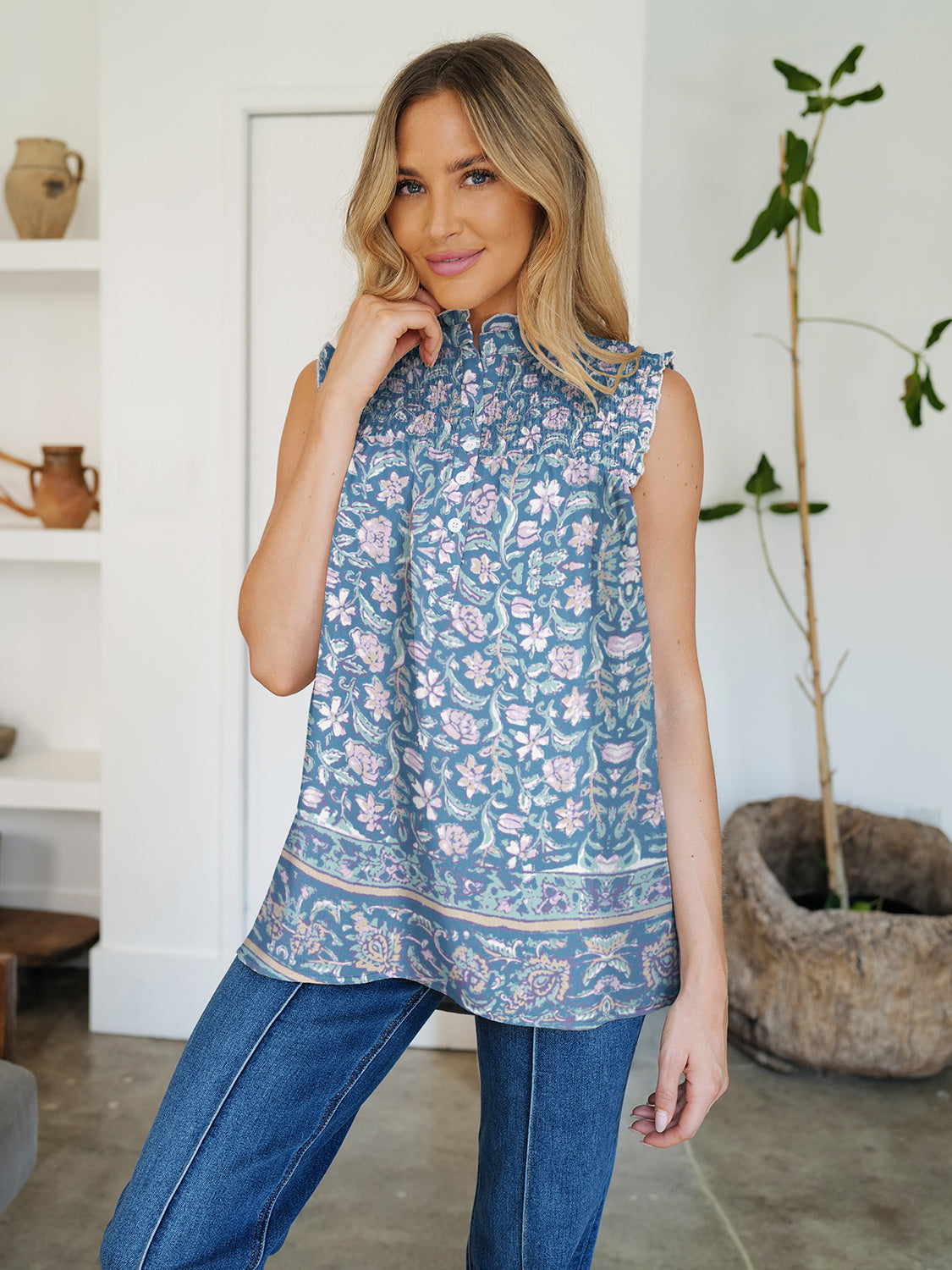 FAM-FAM Frill Printed Mock Neck Top