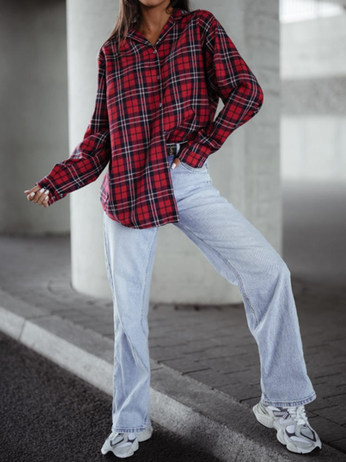 Plaid Collared Neck Long Sleeve Shirt