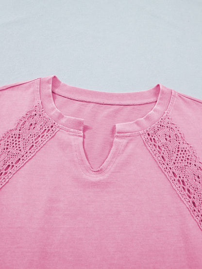 Raw Cut Notched Neck Lace Patchwork Detail Mineral Wash Tee