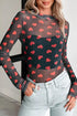 Valentines Heart Printed Sheer Mesh Long Sleeve Top