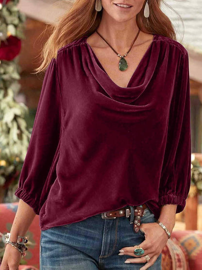 Burgundy cowl neck top with three-quarter sleeves