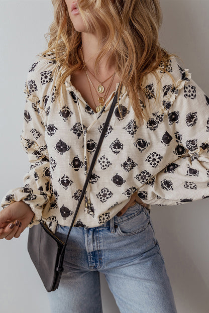 Printed Tie Neck Long Sleeve Blouse