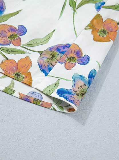 Floral Print Ruffle V-Neck Pressed Pleats Binding Tape Cotton Blouse