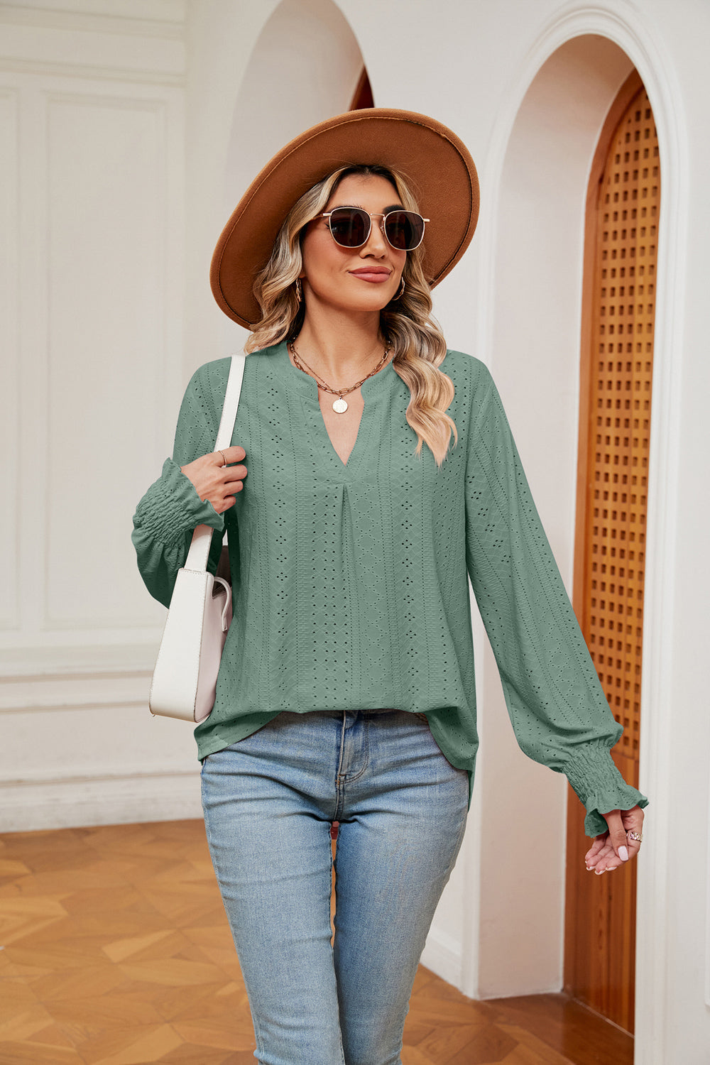 Notched Neck Flounce Sleeve Blouse