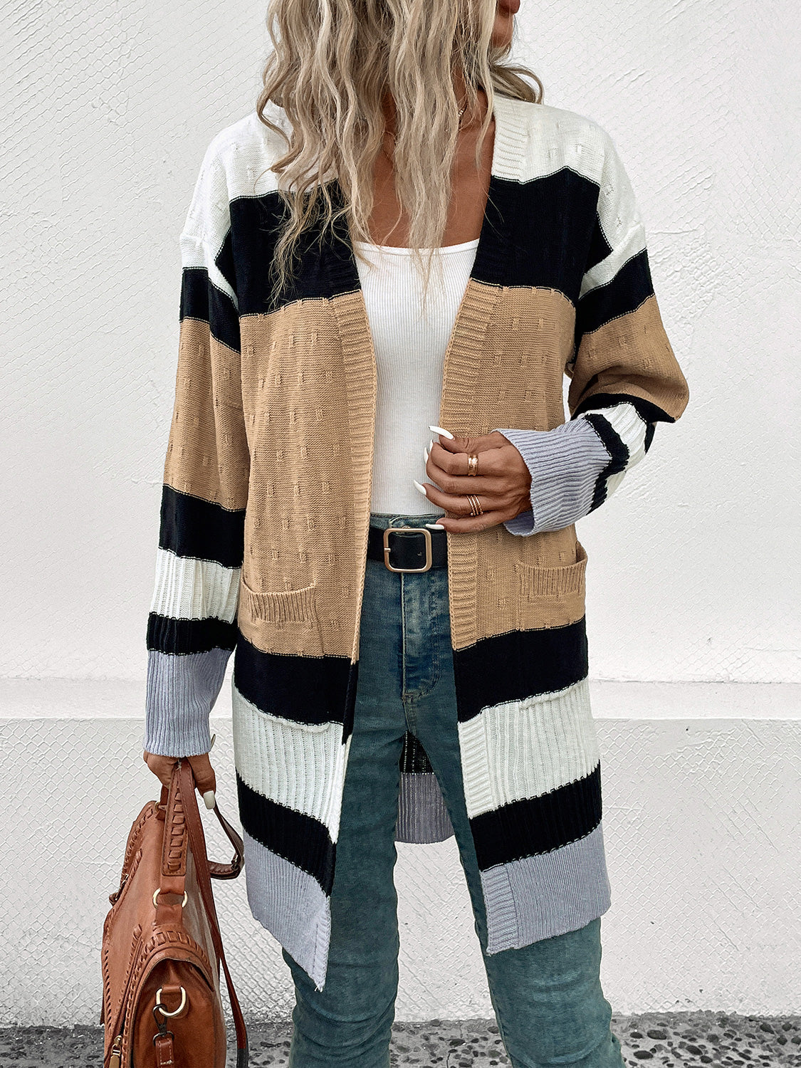 Perfee Color Block Open Front Drop Shoulder Cardigan