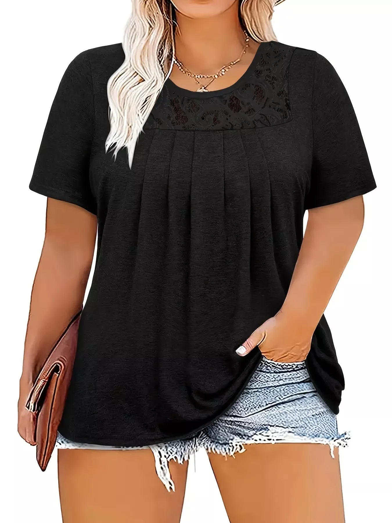 Plus Size Lace Detail Short Sleeve Top