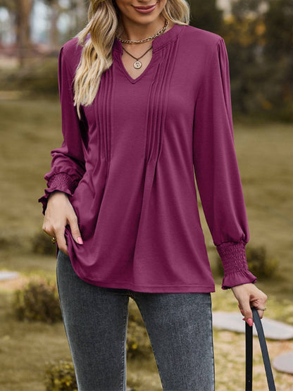 Purple ruched notched long sleeve T-shirt detailed view