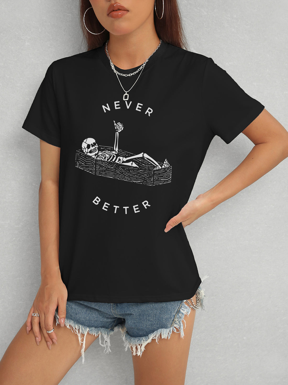 Black skull round neck short sleeve T-shirt, front view