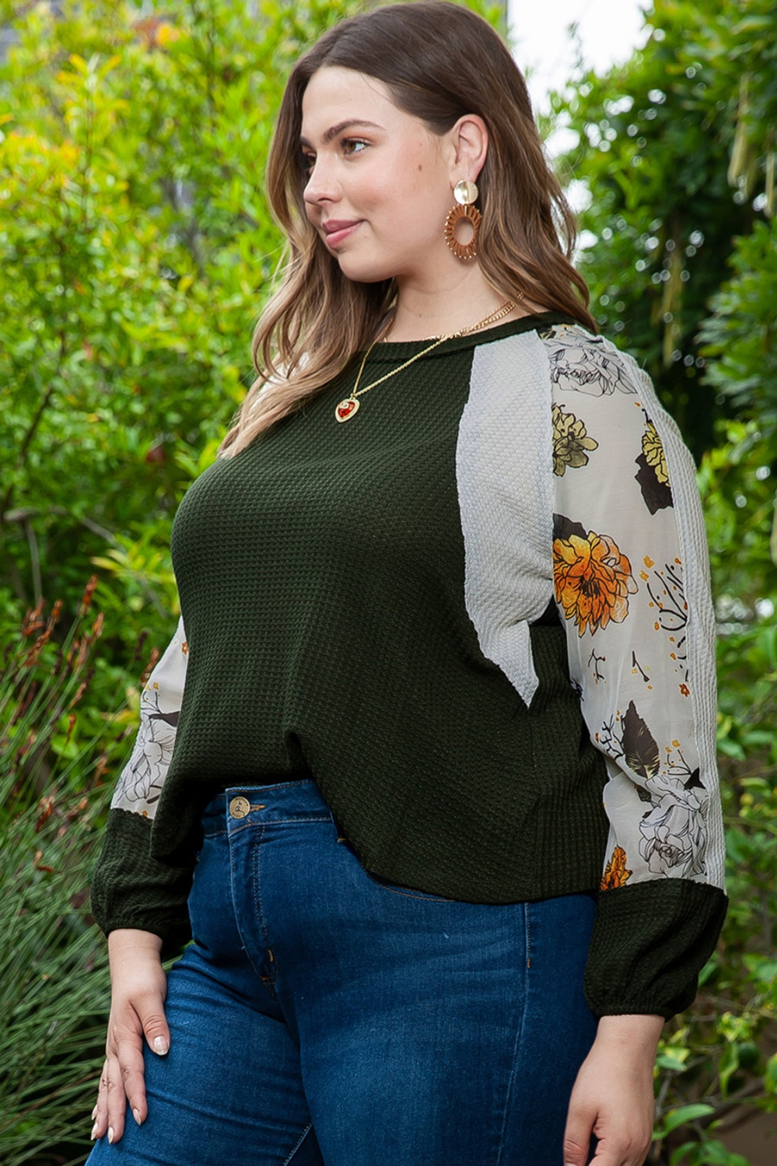 Plus Size Floral Waffle-Knit Round Neck Blouse