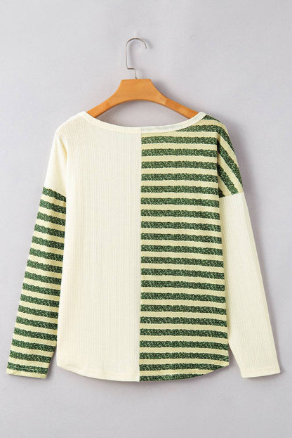 Back of striped round neck top on hanger