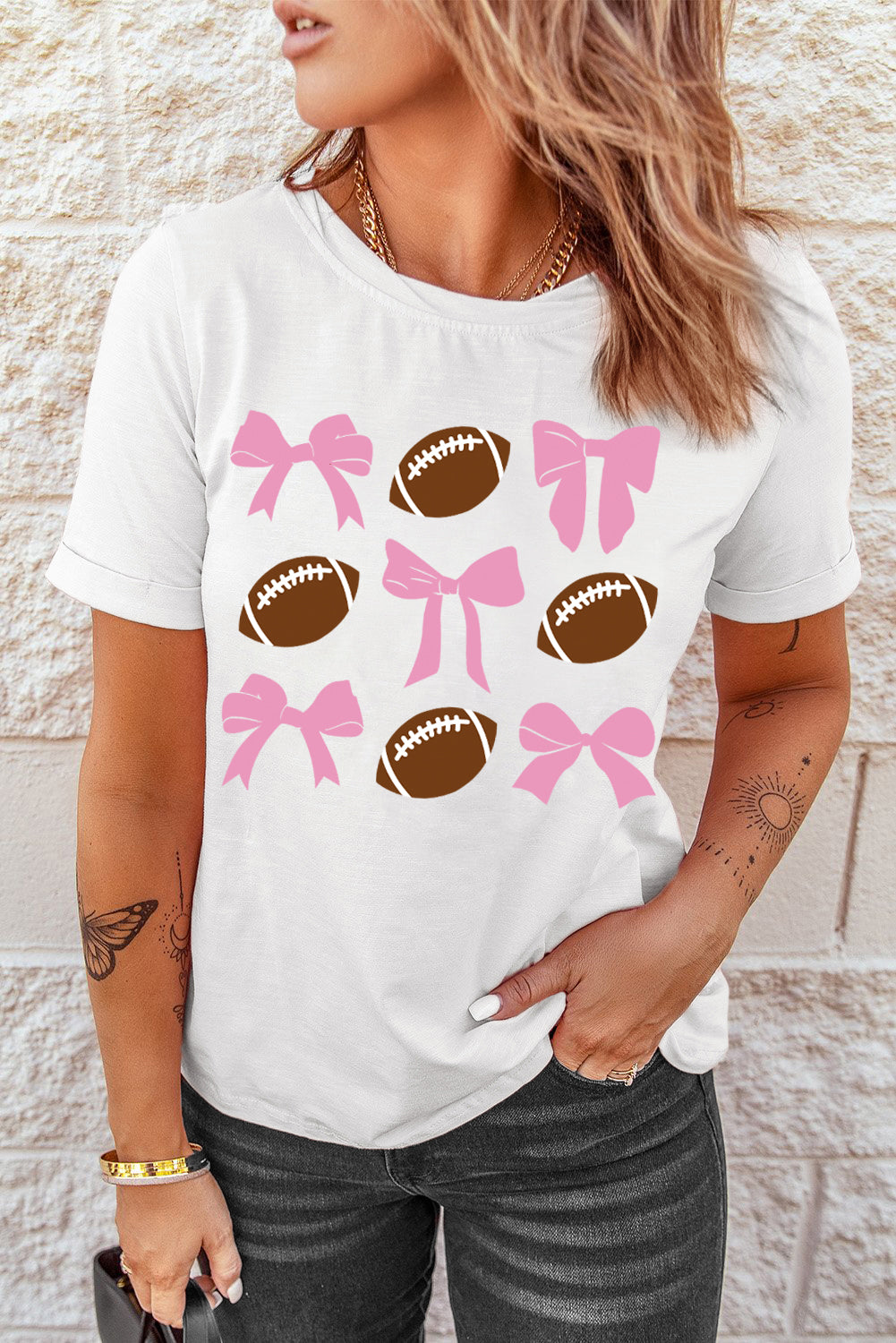 Football &amp; Bow Round Neck Short Sleeve T-Shirt