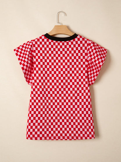 Checkered Print Ruffle Cap Sleeve Contrast Trim Round Neck Top