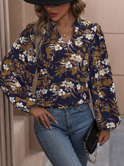 Perfee Floral Notched Balloon Sleeve Blouse