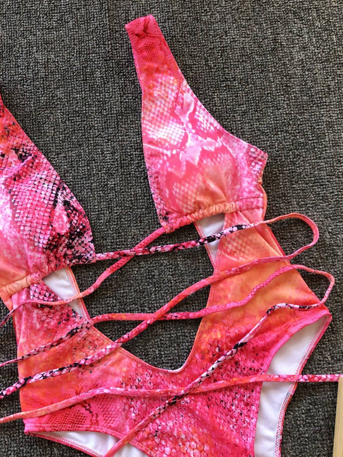 Close-up of pink lace-up swimwear details