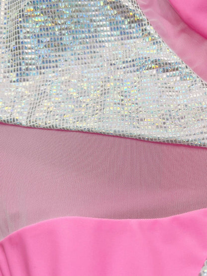 Close-up of silver panel on pink swimsuit