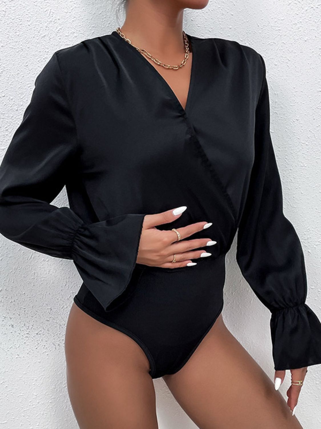 Perfee Surplice Neck Flounce Sleeve Bodysuit