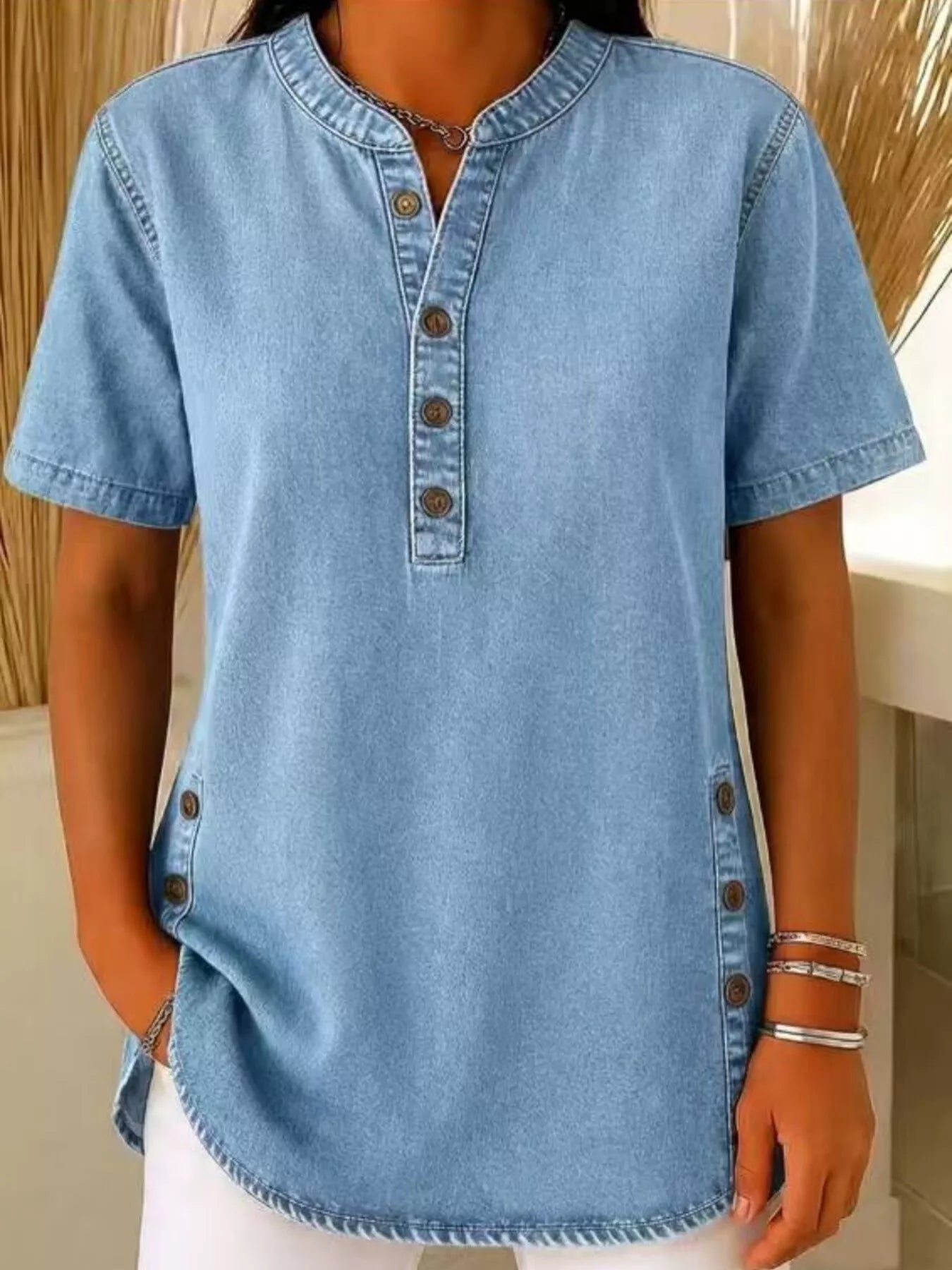 Full Size Button Detail Short Sleeve Blouse Plus Size