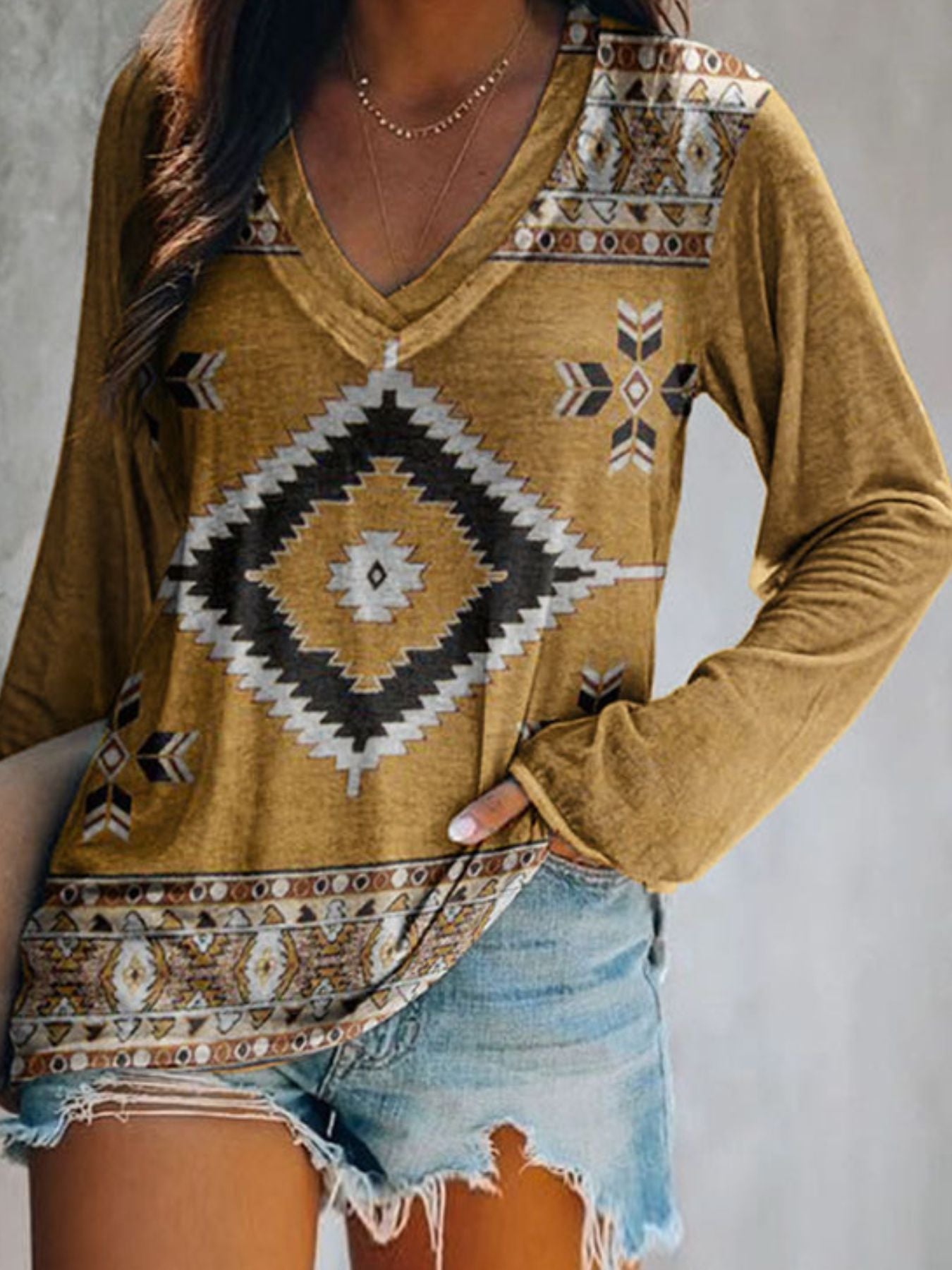 Full Size Geometric V-Neck Long Sleeve T-Shirt Plus Size