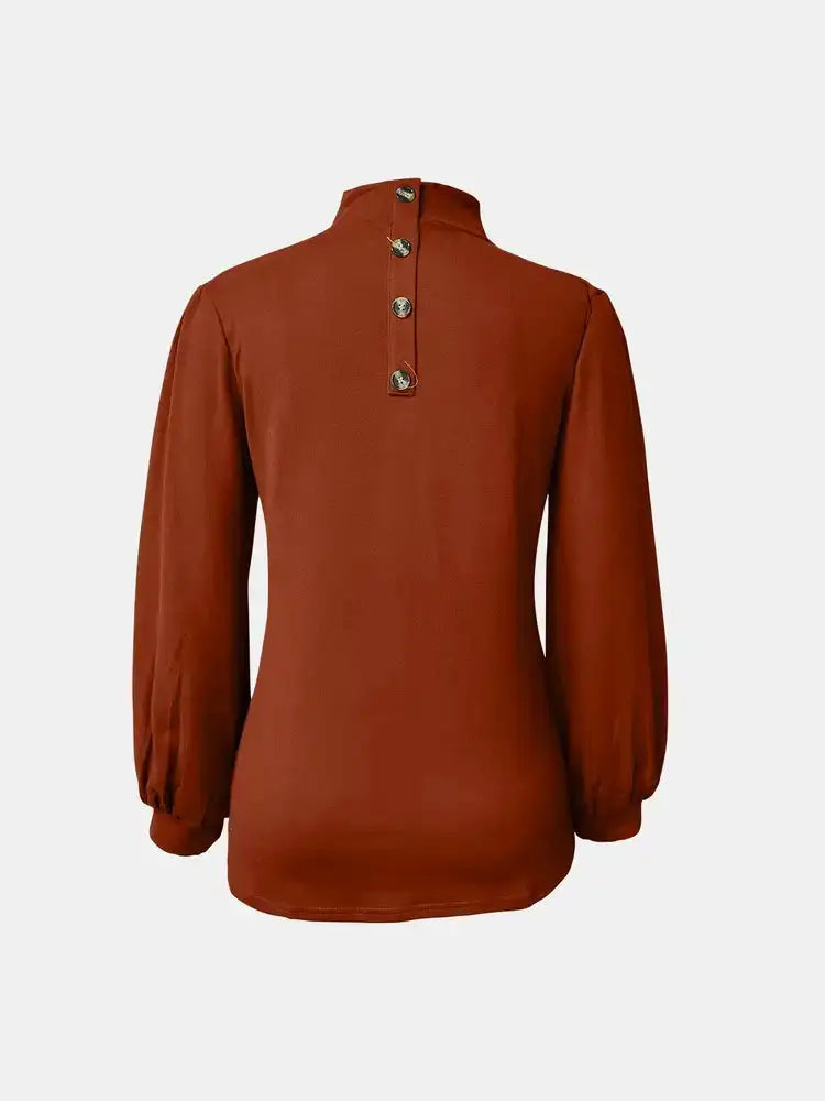 Orange full size mock neck long sleeve t-shirt, back view