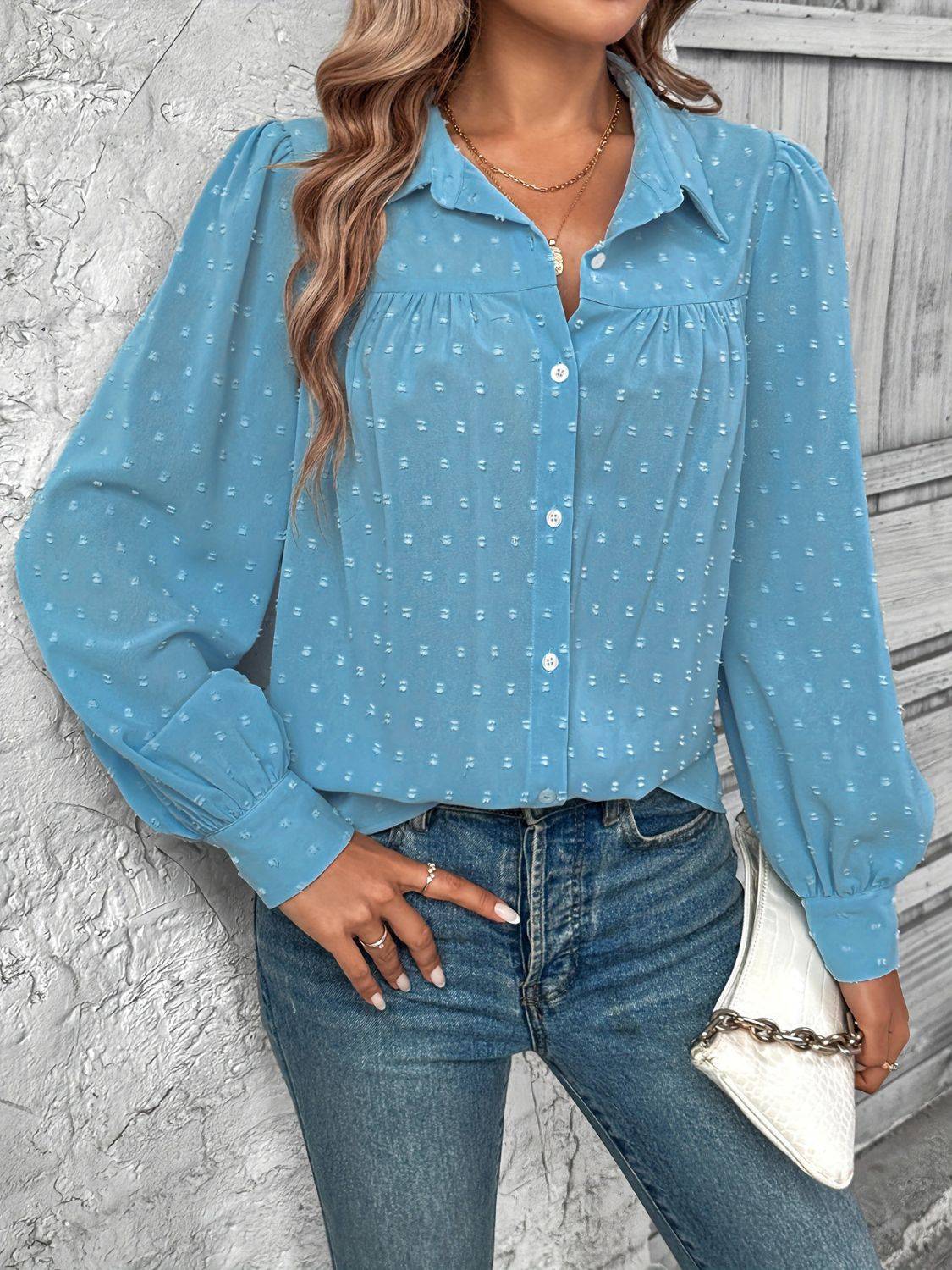 Blue Swiss dot collared long sleeve shirt, front view